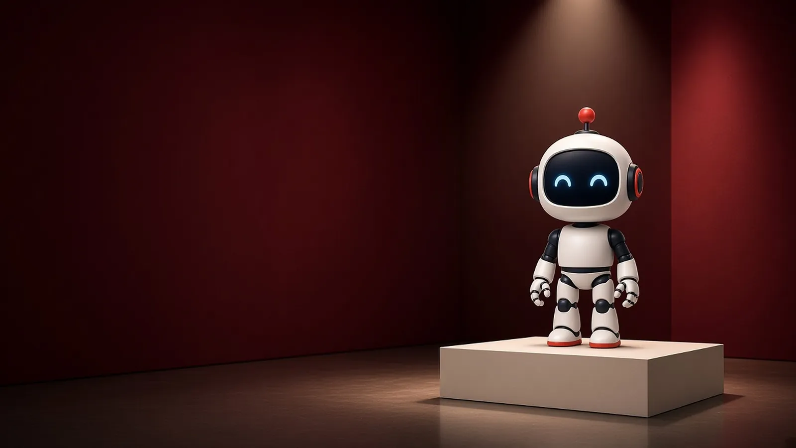 The doo.mcp robot standing on a plinth under a spotlight.
