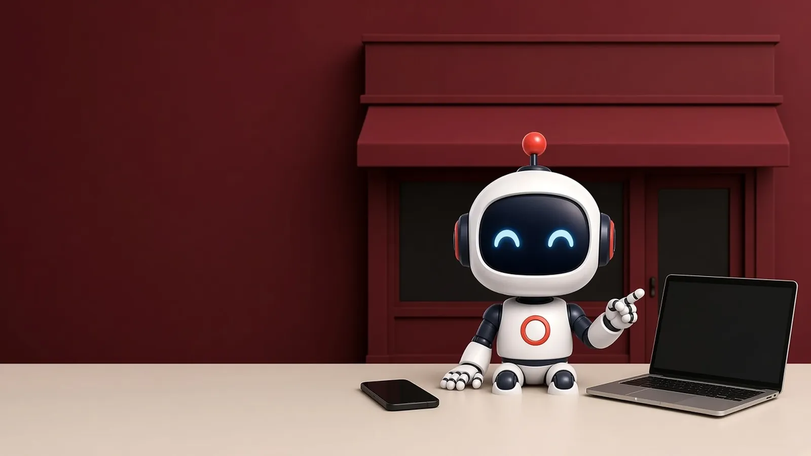 The doo.mcp robot between a phone, a laptop, and a plain shopfront.