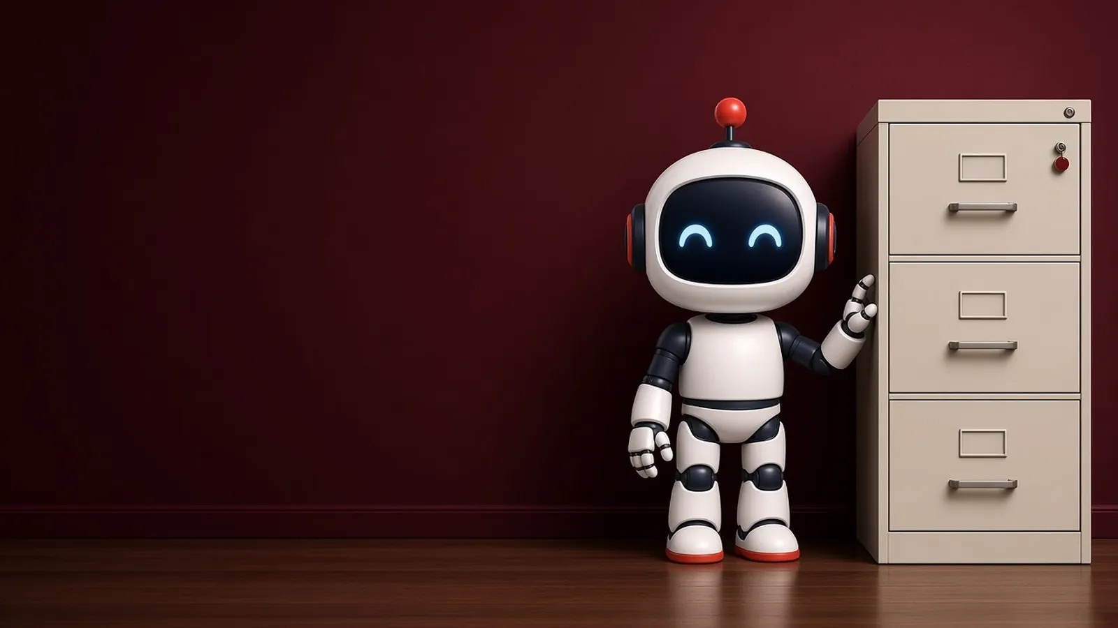 The doo.mcp robot standing beside a locked filing cabinet.