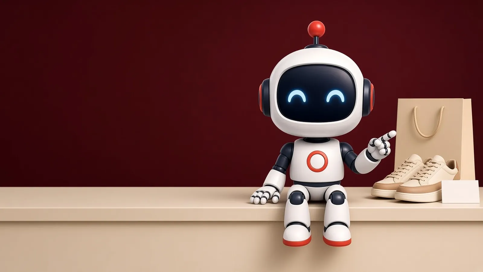 The doo.mcp robot on a shop counter beside shoes and a shopping bag.