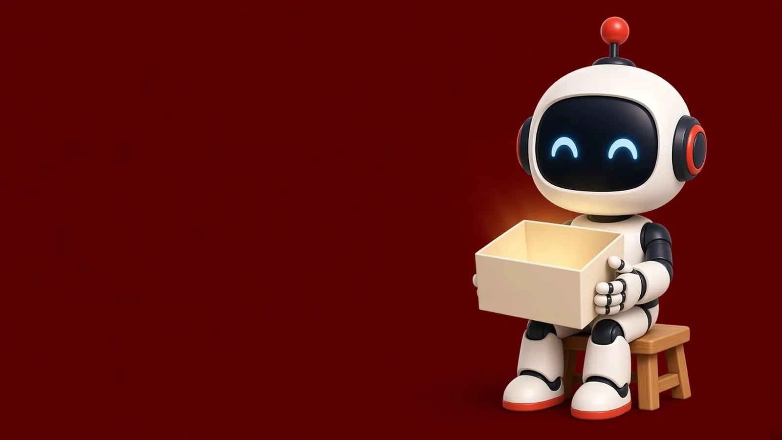 The doo.mcp robot sitting on a stool and holding an open box.