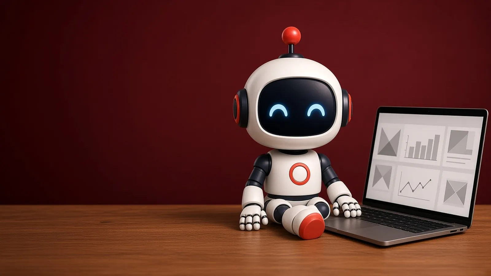 The doo.mcp robot sitting beside a laptop on a wooden desk.