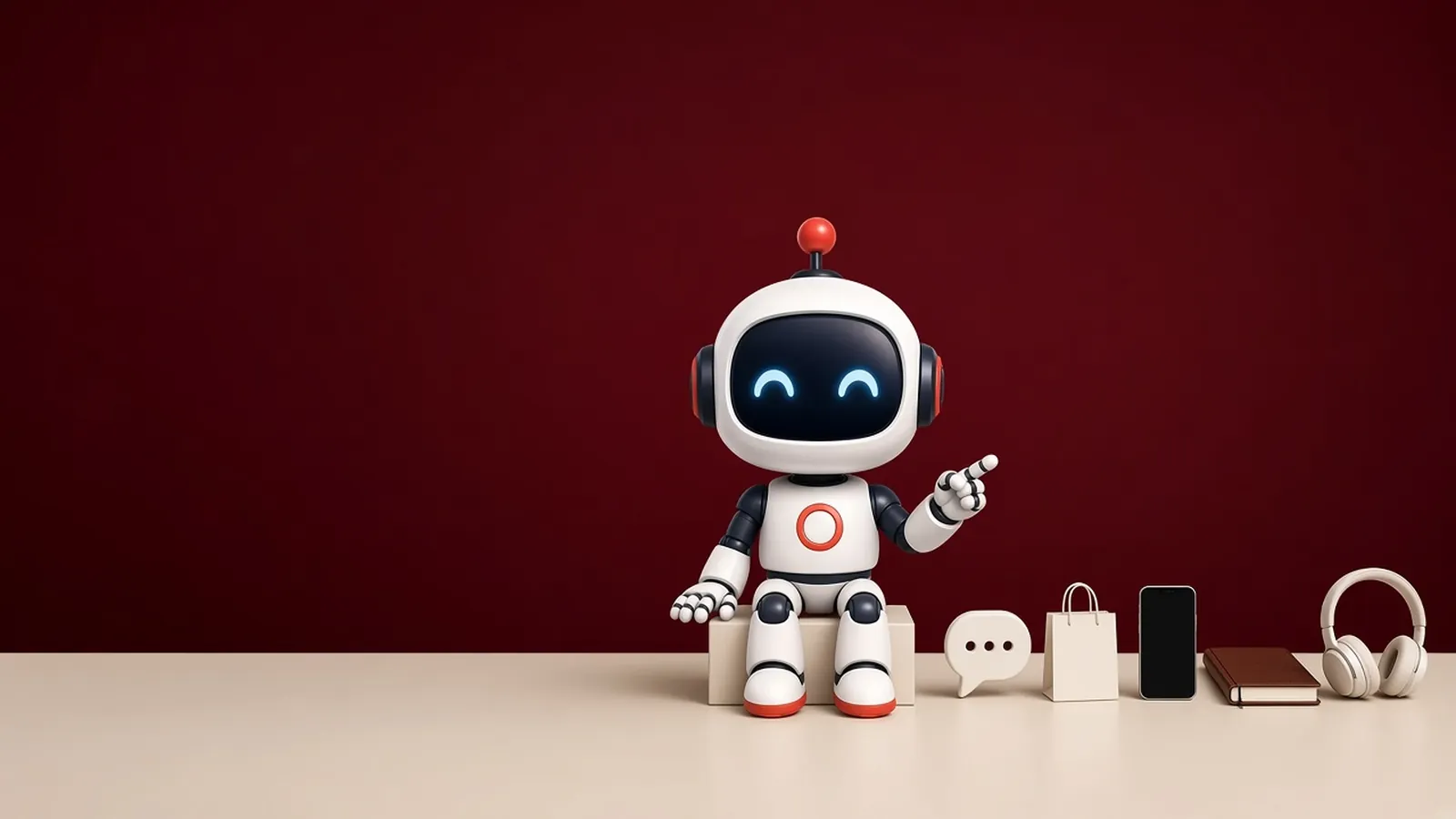 The doo.mcp robot beside a chat bubble, a bag, a phone, a book, and headphones.