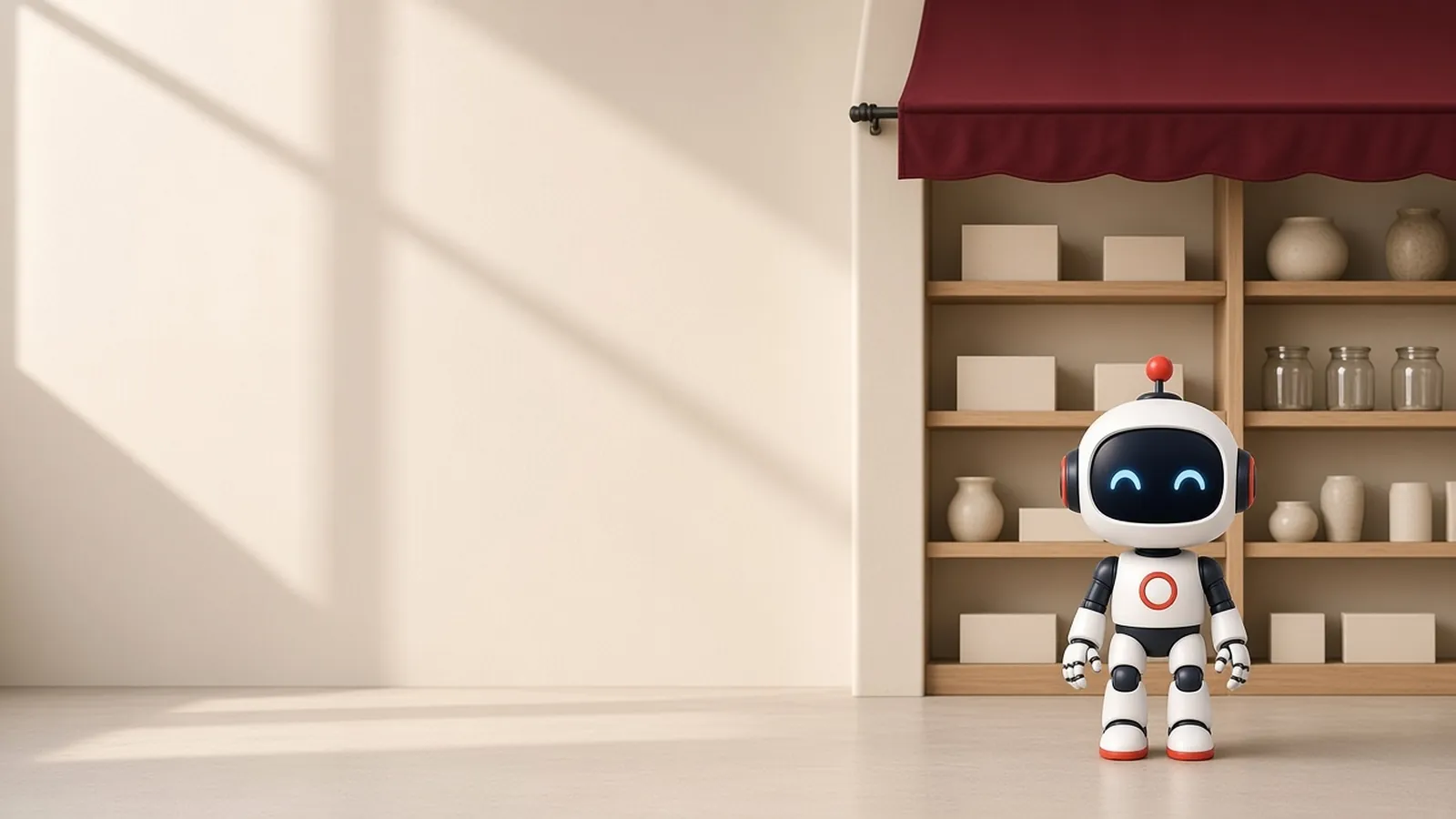 The doo.mcp robot standing in a small shop with plain shelves.